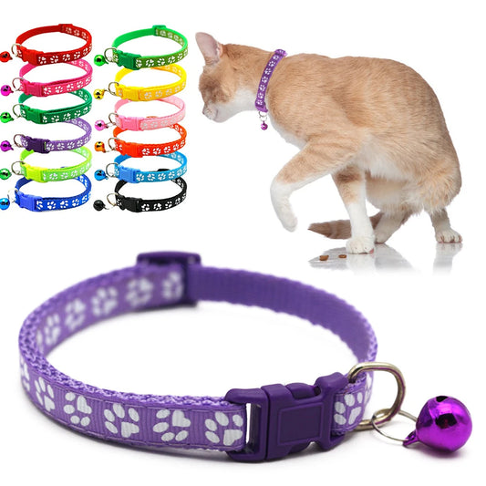 1pc Colorful Bells Cat Collar with Cute Paw Print Adjustable Puppy