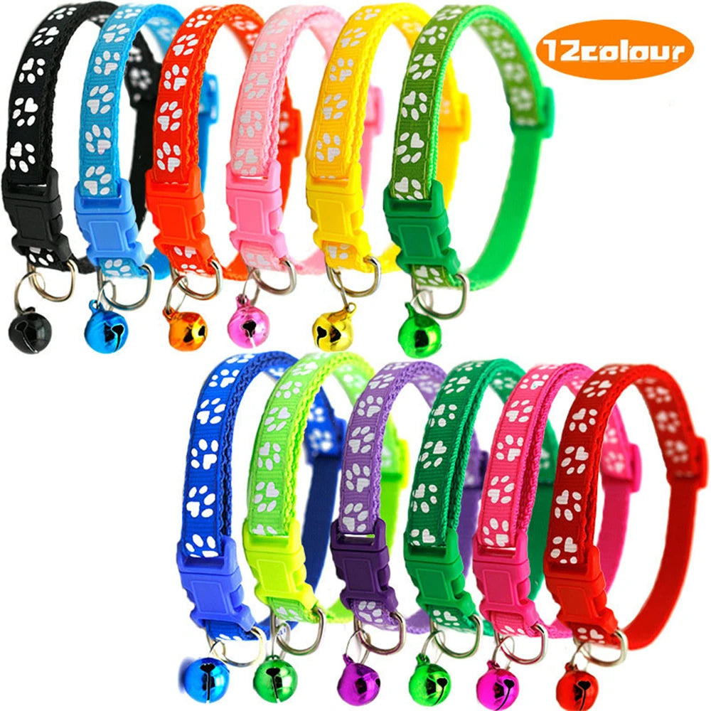 1pc Colorful Bells Cat Collar with Cute Paw Print Adjustable Puppy